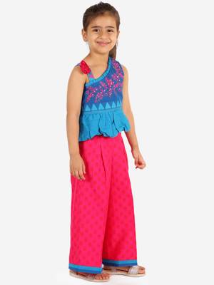 Twisha girls embroidered one shoulder top & palazzo set - blue & pink 4