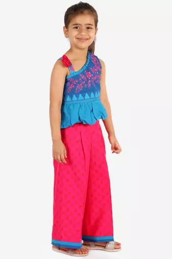 Twisha girls embroidered one shoulder top & palazzo set - blue & pink