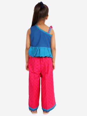 Twisha girls embroidered one shoulder top & palazzo set - blue & pink 5