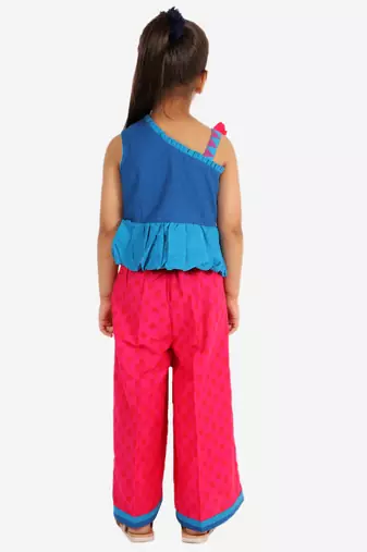 Twisha girls embroidered one shoulder top & palazzo set - blue & pink