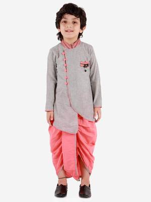 Twisha boys cotton asymmetrical kurta & dhoti pants set - grey & peach 2