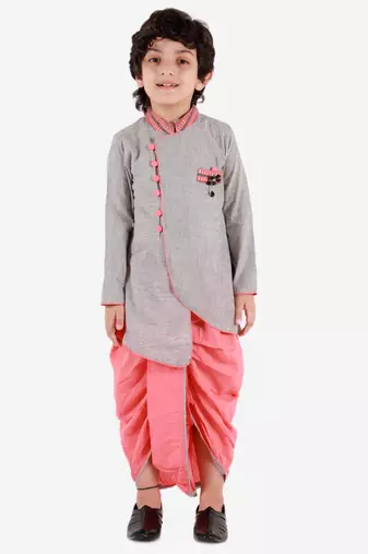 Twisha boys cotton asymmetrical kurta & dhoti pants set - grey & peach