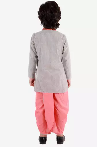 Twisha boys cotton asymmetrical kurta & dhoti pants set - grey & peach