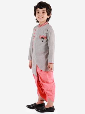 Twisha boys cotton asymmetrical kurta & dhoti pants set - grey & peach 1