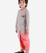 Twisha boys cotton asymmetrical kurta & dhoti pants set - grey & peach