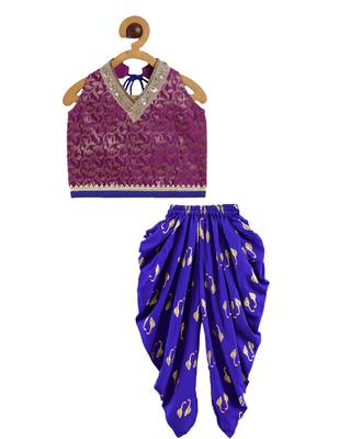 Twisha girls brocade halter neck top & foil printed dhoti pants set - magenta & blue 1