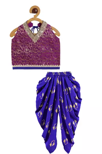 Twisha girls brocade halter neck top & foil printed dhoti pants set - magenta & blue