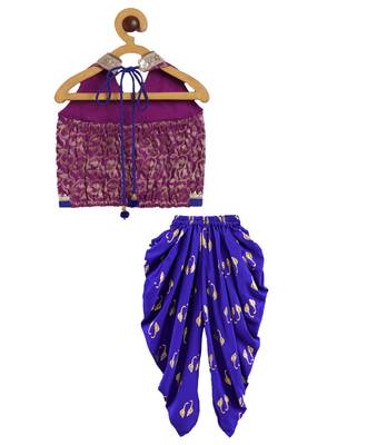 Twisha girls brocade halter neck top & foil printed dhoti pants set - magenta & blue 2