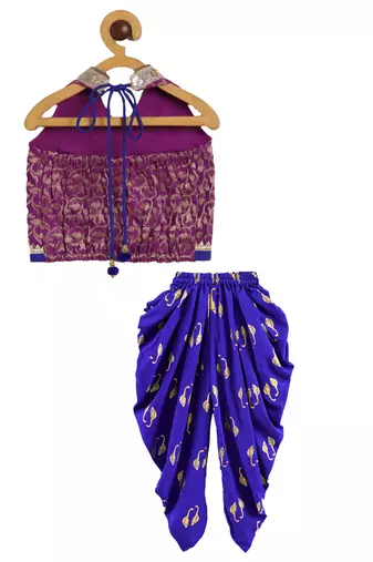 Twisha girls brocade halter neck top & foil printed dhoti pants set - magenta & blue