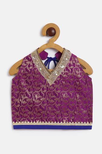 Twisha girls brocade halter neck top & foil printed dhoti pants set - magenta & blue