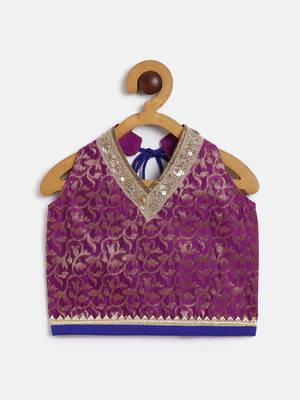 Twisha girls brocade halter neck top & foil printed dhoti pants set - magenta & blue 3