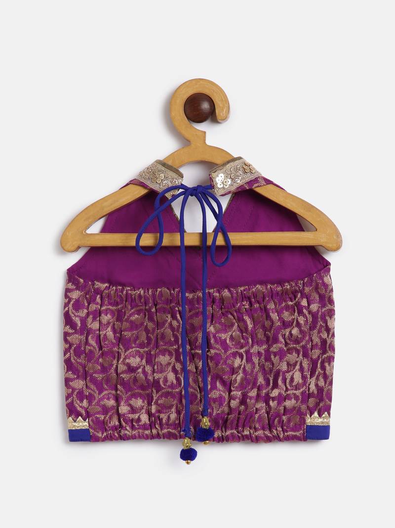 Twisha girls brocade halter neck top & foil printed dhoti pants set - magenta & blue