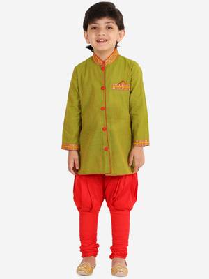 Twisha boys cotton stripe button down kurta & pyjama set - green & red 2
