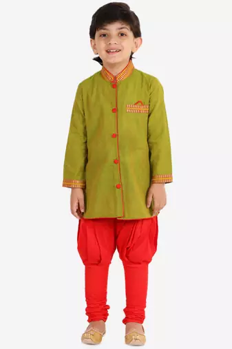 Twisha boys cotton stripe button down kurta & pyjama set - green & red