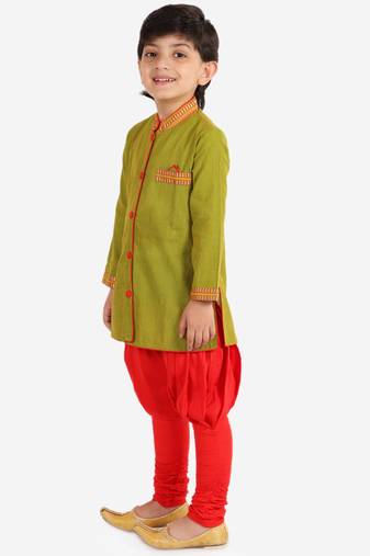 Twisha boys cotton stripe button down kurta & pyjama set - green & red