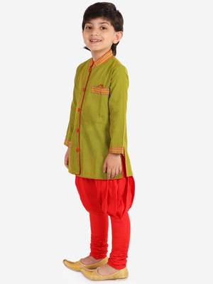 Twisha boys cotton stripe button down kurta & pyjama set - green & red 1