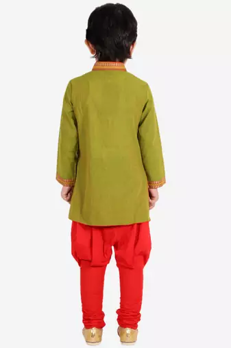 Twisha boys cotton stripe button down kurta & pyjama set - green & red