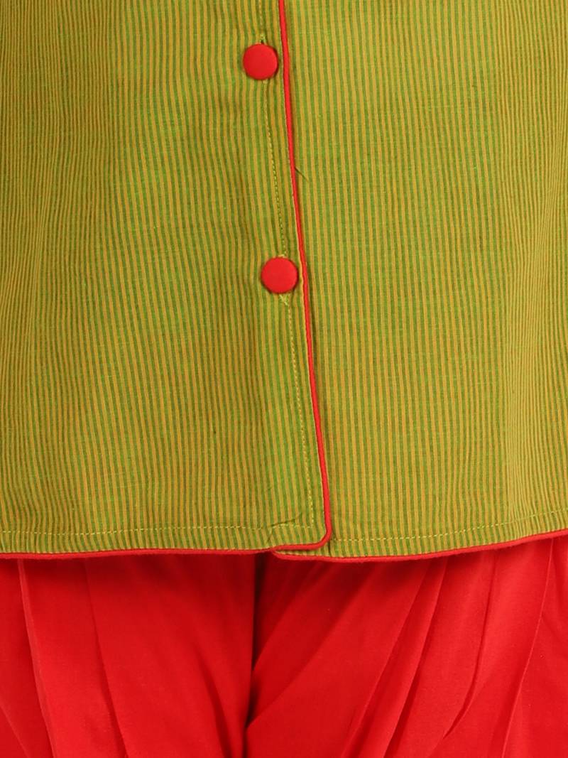 Twisha boys cotton stripe button down kurta & pyjama set - green & red