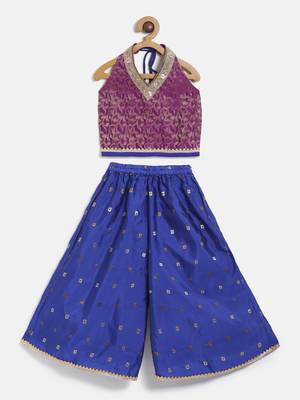 Twisha girls brocade halter neck top & self designed palazzo - magenta & blue 1
