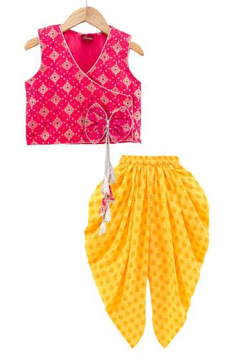 self design top & printed dhoti pants - red & yellow