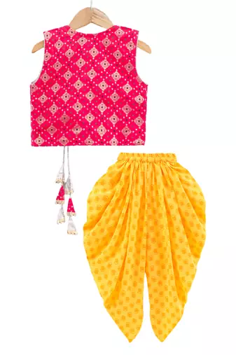 self design top & printed dhoti pants - red & yellow