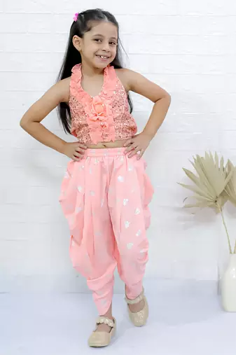 Twisha girls halter neck sequin top & dhoti pant - peach