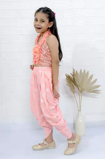 Twisha girls halter neck sequin top & dhoti pant - peach
