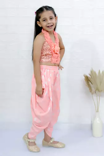 Twisha girls halter neck sequin top & dhoti pant - peach