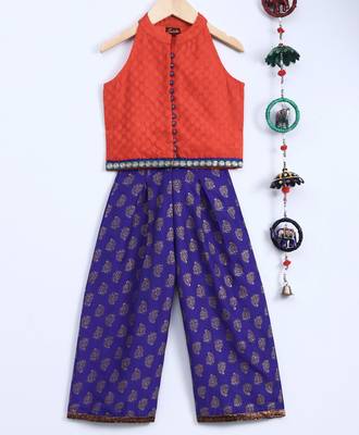 Twisha girls textured incut style top & self design palazzo - orange & blue 2