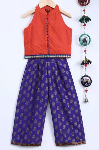 Twisha girls textured incut style top & self design palazzo - orange & blue