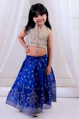 Twisha girls embroidered top & printed ghagra set - gold & blue