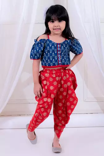 Twisha girls top & foil printed dhoti pants set - navy & red