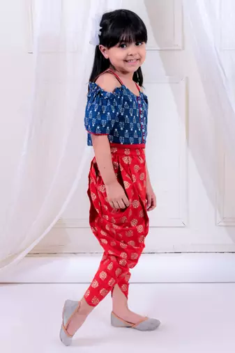 Twisha girls top & foil printed dhoti pants set - navy & red