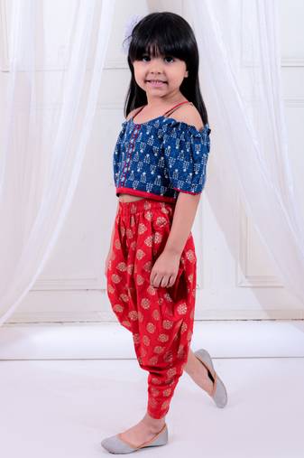Twisha girls top & foil printed dhoti pants set - navy & red