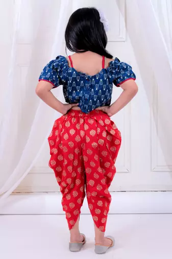 Twisha girls top & foil printed dhoti pants set - navy & red
