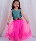 pink net lehenga and green brocade blouse set