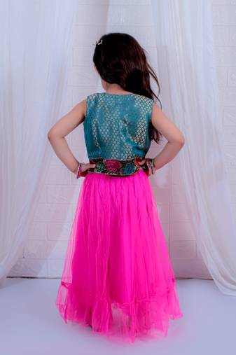 Twisha girls brocade top embellished with potali buttons & net ghagra set - sea green & pink