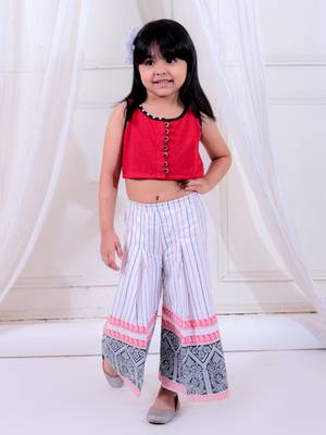 Twisha girls knitted top embellished with potali buttons & printed palazzo set - red & white 1