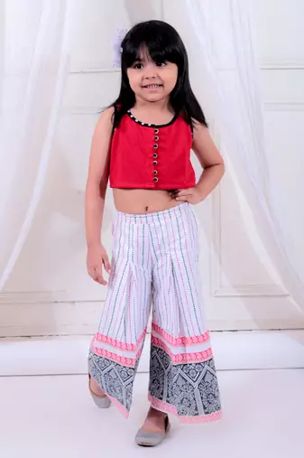 Twisha girls knitted top embellished with potali buttons & printed palazzo set - red & white