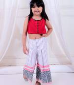 Twisha girls knitted top embellished with potali buttons & printed palazzo set - red & white