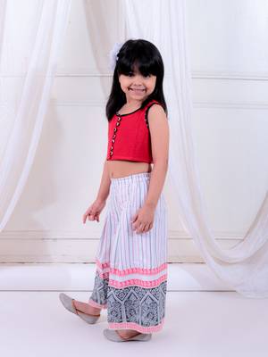 Twisha girls knitted top embellished with potali buttons & printed palazzo set - red & white 2