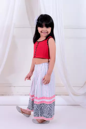Twisha girls knitted top embellished with potali buttons & printed palazzo set - red & white