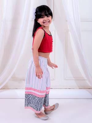 Twisha girls knitted top embellished with potali buttons & printed palazzo set - red & white 3