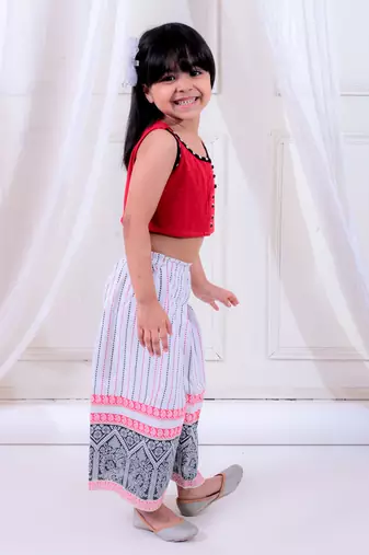 Twisha girls knitted top embellished with potali buttons & printed palazzo set - red & white