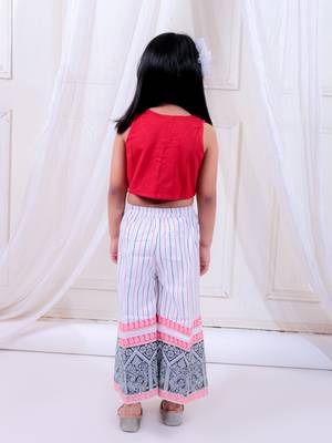 Twisha girls knitted top embellished with potali buttons & printed palazzo set - red & white 4