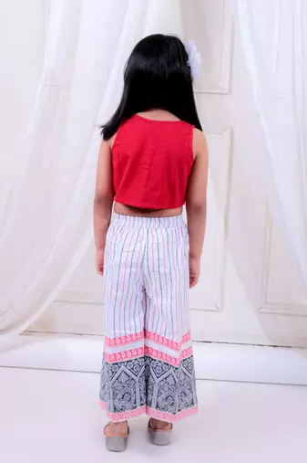 Twisha girls knitted top embellished with potali buttons & printed palazzo set - red & white