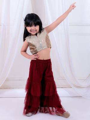Twisha girls embroidered top & layered net sharara set - gold & maroon 1