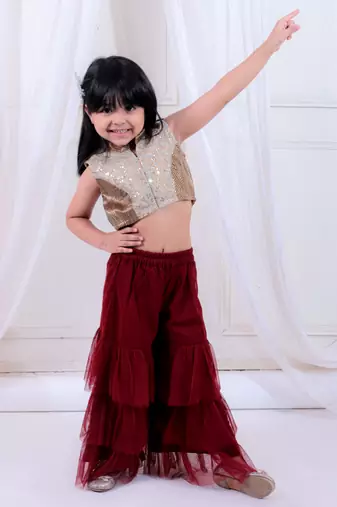 Twisha girls embroidered top & layered net sharara set - gold & maroon