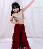 Twisha girls embroidered top & layered net sharara set - gold & maroon