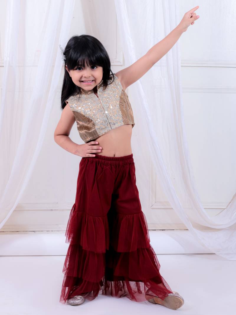 Twisha girls embroidered top & layered net sharara set - gold & maroon